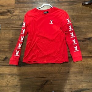 RARE PLAYBOY Red Long Sleeve Tee with Bunny Logo Sleeve